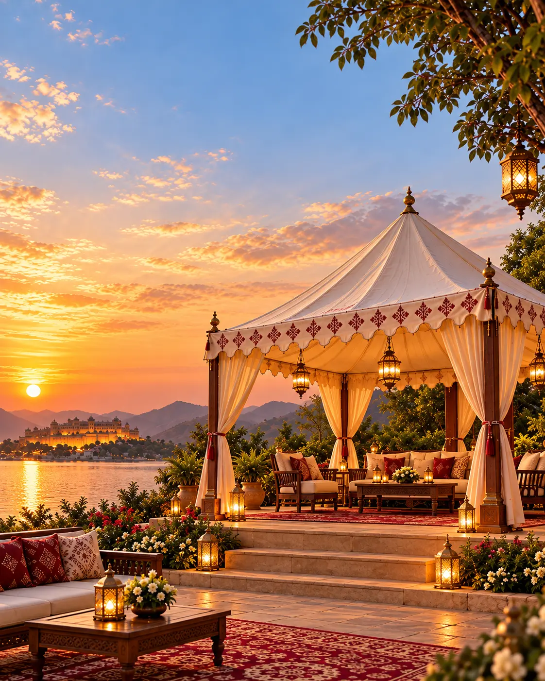 A luxury canvas tent dressed in ivory fabric and lantern light beside a lake at sunset. An illustrated setting, not a completed Casa Marwad project.