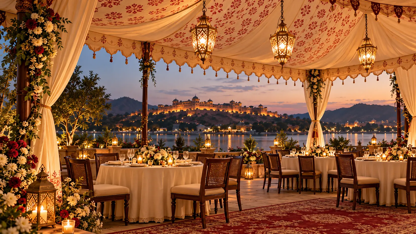A banquet laid inside a heritage tent at sunset, with lanterns and a palace beyond.