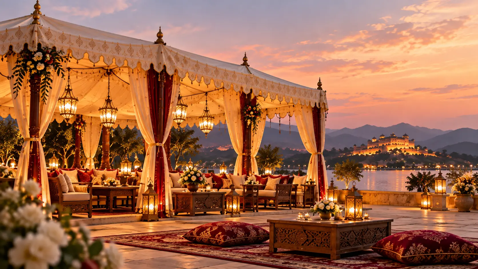 A lounge under a draped heritage tent at dusk, with a lakeside palace in the distance.
